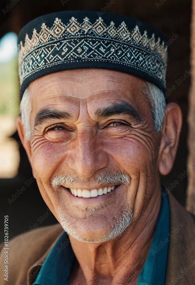 A joyful Tajik man 75 years old wearing traditional clothing stands outdoors with a broad smile against a natural backdrop on a sunny day. A resident of Tajikistan smiles. Generated by AI. A joyful Tajik man 75 years old wearing traditional clothing stands outdoors with a broad smile against a natural backdrop on a sunny day. A resident of Tajikistan smiles. Generated by AI.