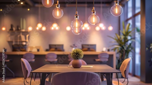 An modern circle light bulbs set for a stylish workplace with mellow mauve light photo