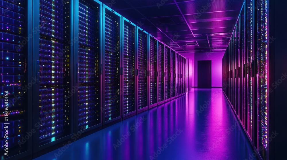 Server Room with Rows of Illuminated Servers in a Violet and Blue Light Server Room with Rows of Illuminated Servers in a Violet and Blue Light