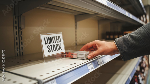 hand placing last item on nearly empty store shelf, 