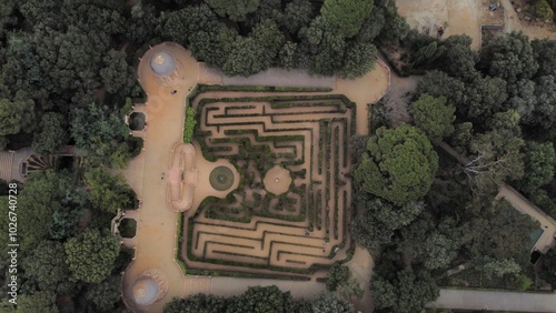 drone of Laberint d'Horta in Barcelona, Spain, maze. 