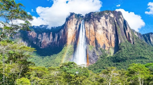 Majestic Waterfall Cascading Down a Steep Cliff Face in a Lush Green Forest