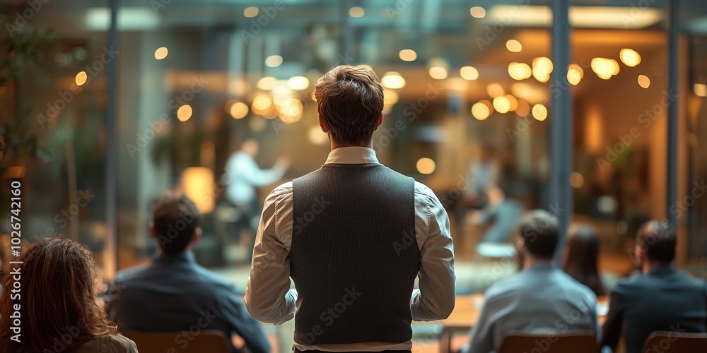 Businessman in White Shirt and Black Tie Leading Presentation in a Modern Office with Glass Walls, Engaging Audience of Professionals in Casual Outfits Seated Around Him Businessman in White Shirt and Black Tie Leading Presentation in a Modern Office with Glass Walls, Engaging Audience of Professionals in Casual Outfits Seated Around Him