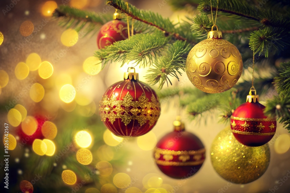 Fototapeta premium Red and gold Christmas baubles hanging from a tree branch, with warm glowing bokeh lights in the background, creating a festive and magical holiday ambiance