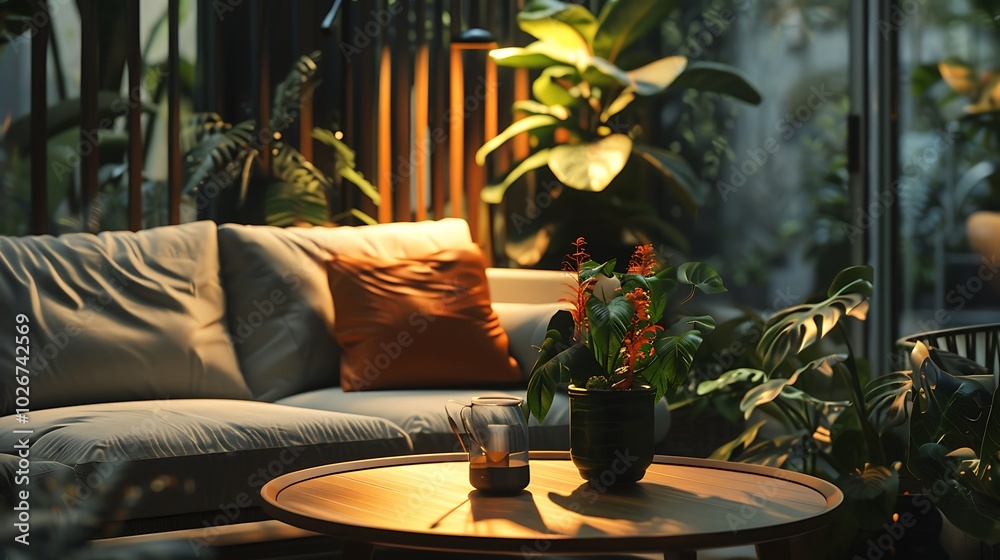 Fototapeta premium At dusk a trendy table a warm couch and nice plants make for a nice and chic at home
