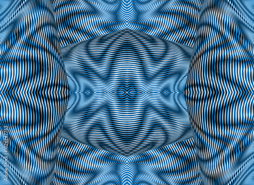 Grid geometric seamless ornament with trendy optical illusion volume effect. Vector wavy linear moire textured digital graphics background in blue tones.