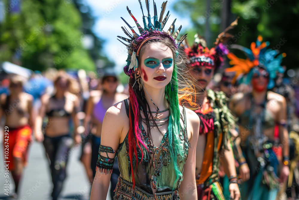 Parade participant in vibrant tribal costume and headdress amidst lively festival crowd Parade participant in vibrant tribal costume and headdress amidst lively festival crowd