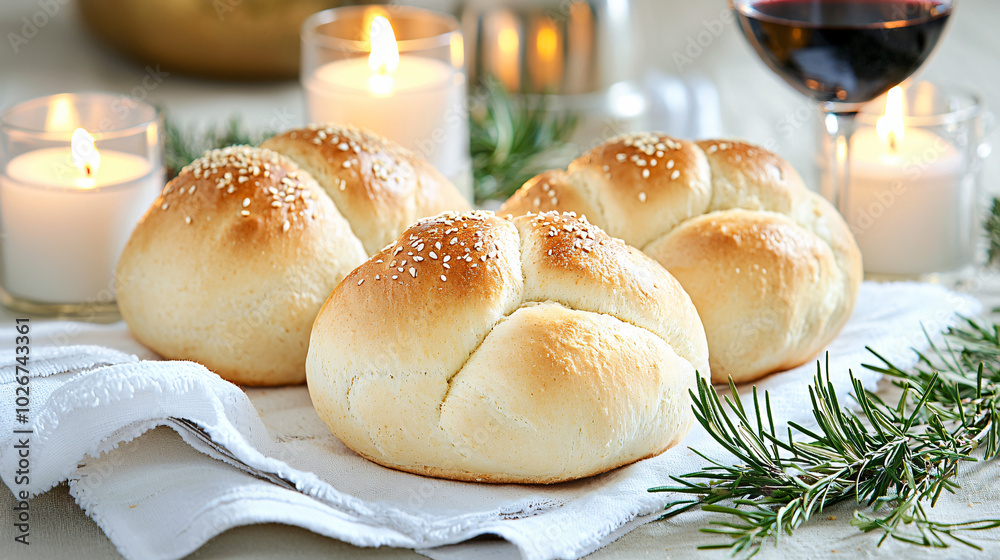 a traditional Shabbat table setting with challah bread, wine, and candles a traditional Shabbat table setting with challah bread, wine, and candles