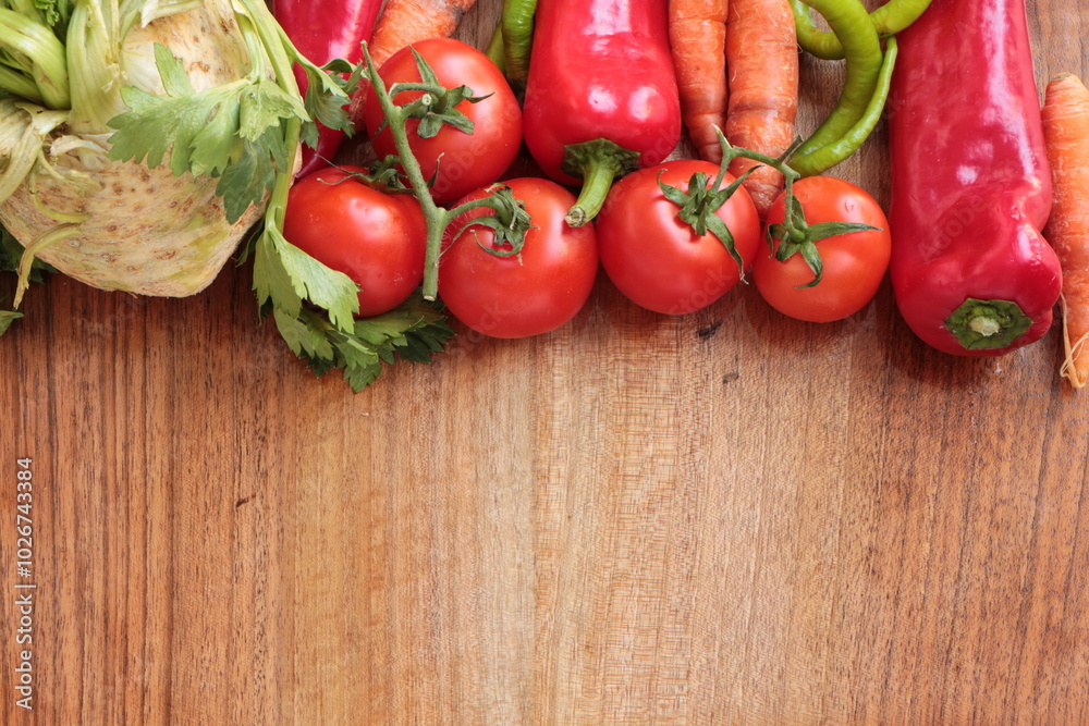 Tomato, green pepper, red capia pepper, carrot, celery. Fresh healthy colorful raw vegetables on the wooden background with Copy space for text. Ingredients for preparing vegetable dishes Tomato, green pepper, red capia pepper, carrot, celery. Fresh healthy colorful raw vegetables on the wooden background with Copy space for text. Ingredients for preparing vegetable dishes