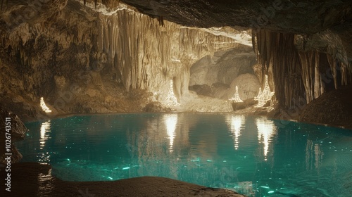 Mystical Underground Wonder: Serene Cave with Mirror-Like Lake and Glowing Minerals