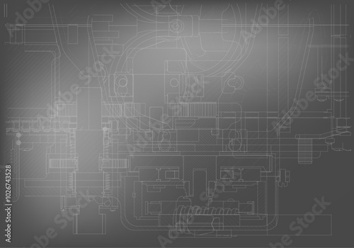 Mechanical engineering drawings on a gray background.