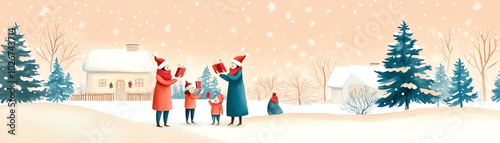Family enjoying a snowy winter day, surrounded by trees and a cozy house, capturing the joy of the holiday season.