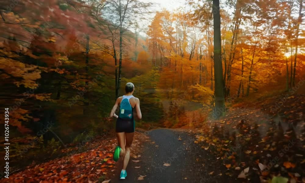 Amidst the vibrant colors of autumn, a dedicated runner explores a scenic trail, embracing the cool evening air and the joy of staying active in nature Amidst the vibrant colors of autumn, a dedicated runner explores a scenic trail, embracing the cool evening air and the joy of staying active in nature