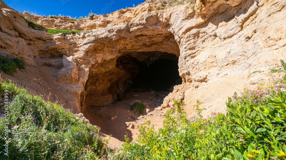 Fototapeta premium Enchanting Hidden Caves Exposed: Lush Exterior and Vibrant Mineral-Infused Interior Unveiled - Ultra-Detailed Exploration