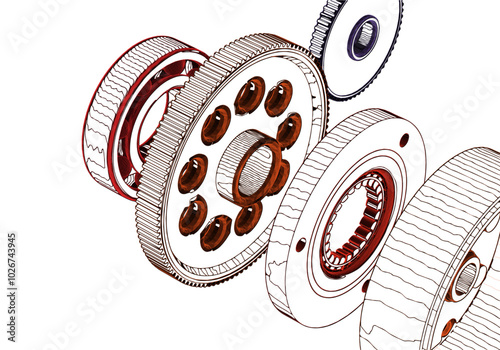 Gears and other parts on a white background.