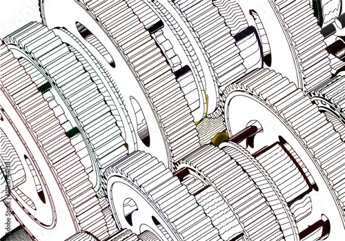 Gears and other parts on a white background.