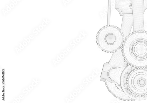 Pistons and connecting rods and other parts on a white background.