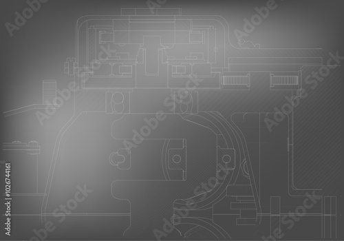 Mechanical engineering drawings on a gray background.