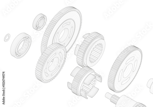 Gears and other parts on a white background.