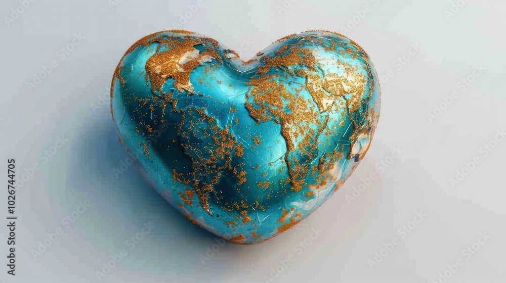 Heart shaped earth globe with a cracked weathered and metallic bronze like texture as a conceptual icon representing the world international connection and the fragility of our planet Heart shaped earth globe with a cracked weathered and metallic bronze like texture as a conceptual icon representing the world international connection and the fragility of our planet