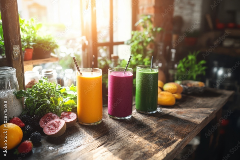 Colorful fresh smoothies in sunny kitchen Colorful fresh smoothies in sunny kitchen