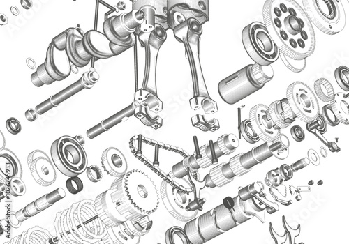 Disassembled engine on white background.