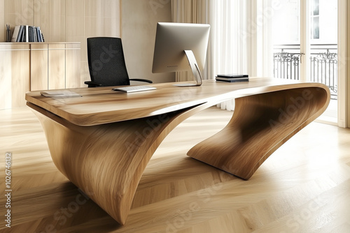 Modern office with wood desk, minimal design, natural light, and stylish computer setup