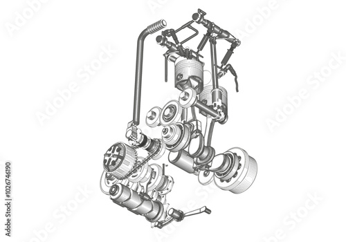 Two-cylinder engine on a white background. 
