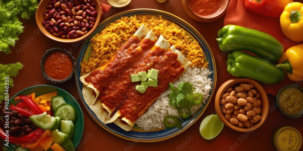 a plate of food with rice, beans, and peppers a plate of food with rice, beans, and peppers