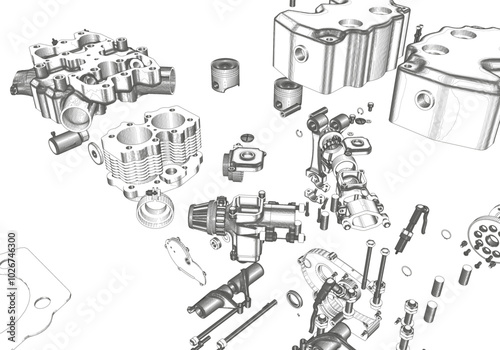 Disassembled engine on white background.