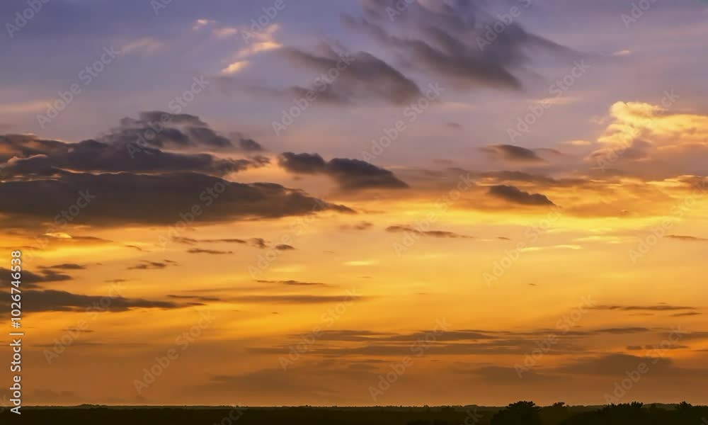 Pan shot with evening cloud patterns: The camera starts by focusing on evening clouds creating intricate patterns in the sky, then pans to reveal the full evening sky. Pan shot with evening cloud patterns: The camera starts by focusing on evening clouds creating intricate patterns in the sky, then pans to reveal the full evening sky.