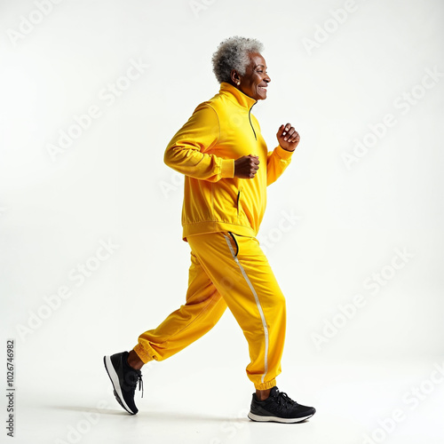 Older elder African American woman wear yellow  luxury sport tracksuit, healthy , running slowly and smiling background white, studio , no brand no symbol on shoe and wear, full body