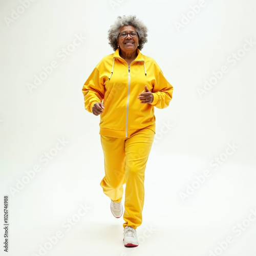 an African woman running in ayellow suiit