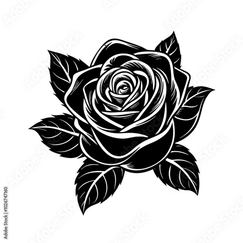 Rose flower shilhouettee illustration with leaves and beatufil petals photo