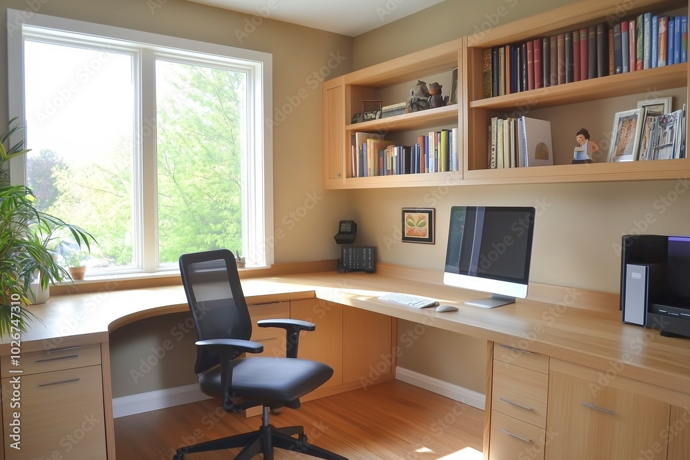 Modern home office with wooden desk, swivel chair, computer, books, and large window light Modern home office with wooden desk, swivel chair, computer, books, and large window light