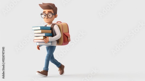 Studious young man with backpack walking while holding stack of books illustrating the concept of education academic studies and intellectual pursuit