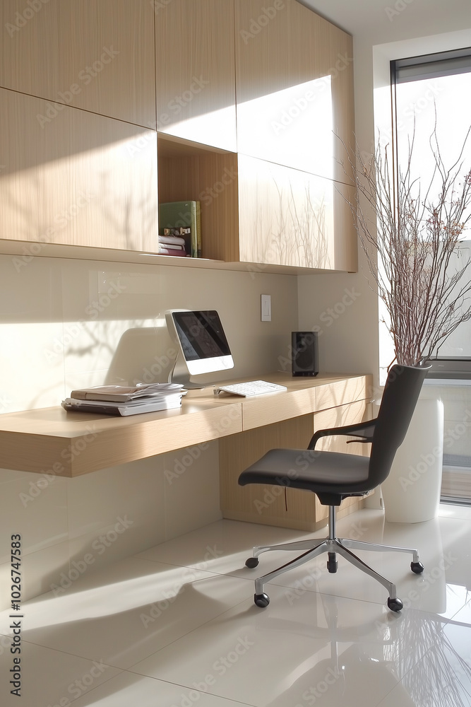 Modern office with floating desk, ergonomic chair, and natural light from large windows. Modern office with floating desk, ergonomic chair, and natural light from large windows.