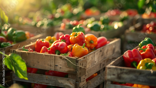 Fresh Harvested Bell Peppers in Wooden Crates at Sunrise