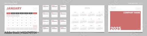 Set of 2025 Pages Monthly Calendar Planner Templates, Cover with Place for Photo, Company Logo, annual. Design of Vector Calendar Pages size Letter -8.5x11 in ready on print. Week start on Sunday