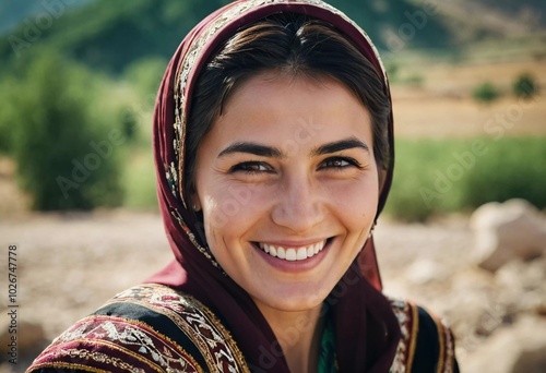 A Tajik woman 30 years old stands gracefully, showcasing her traditional attire against a breathtaking backdrop of mountains and lush green fields, reflecting her cultural roots. Generated by AI photo