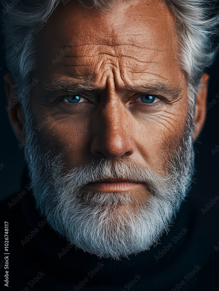 a charismatic elderly man with a silver beard and hair, sharp gaze, wearing a black turtleneck a charismatic elderly man with a silver beard and hair, sharp gaze, wearing a black turtleneck