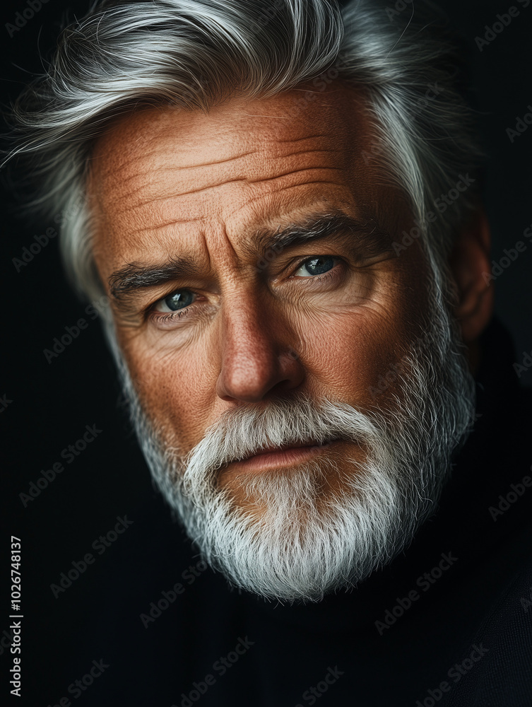 a charismatic elderly man with a silver beard and hair, sharp gaze, wearing a black turtleneck a charismatic elderly man with a silver beard and hair, sharp gaze, wearing a black turtleneck