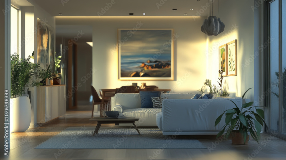 A simple, modern home interior with a clean design, created using computer graphics.