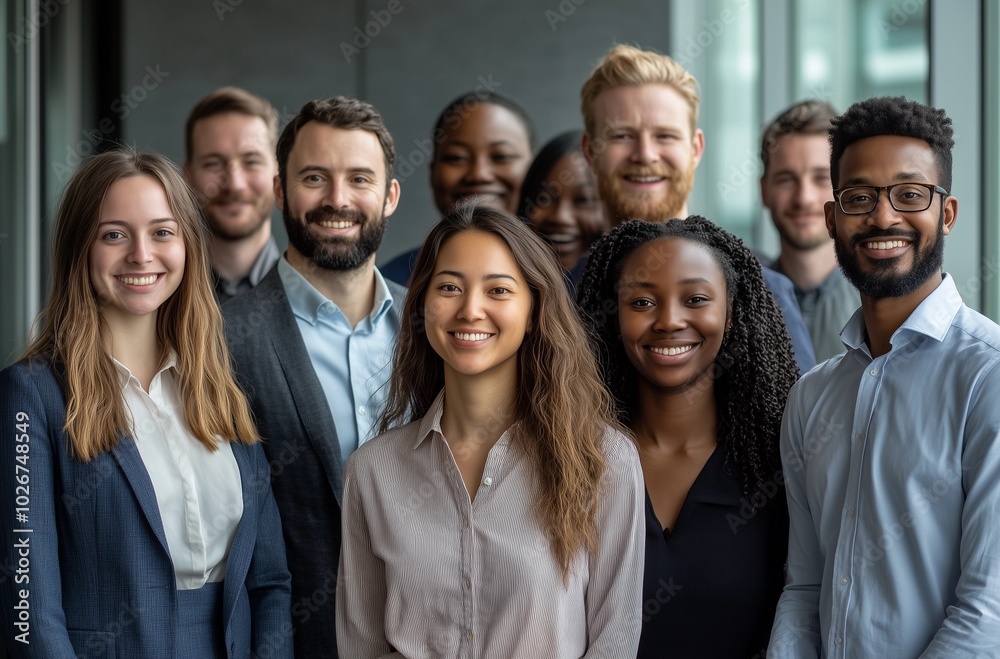 Diverse group of business professionals standing together, smiling in a modern office. Friendly, inclusive workplace culture and teamwork concept. Diverse group of business professionals standing together, smiling in a modern office. Friendly, inclusive workplace culture and teamwork concept.