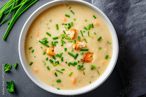 a creamy Vichyssoise soup in a white bowl, garnished with chives and croutons, viewed from above