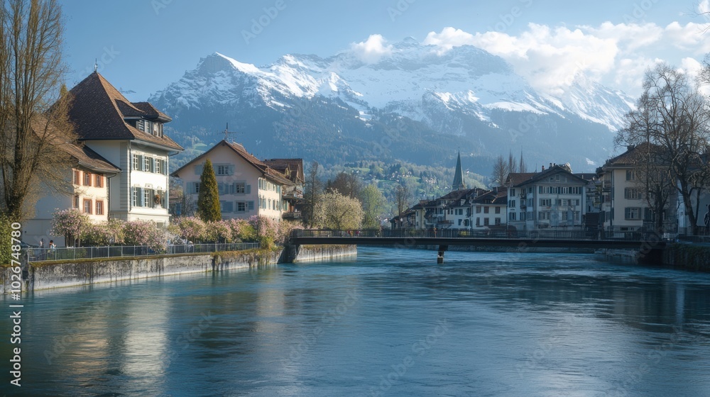 Fototapeta premium A tranquil spring day unfolds in Switzerland, showcasing riverside homes nestled beside a serene river and towering mountains. Generative AI