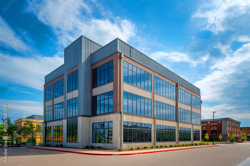An office building in a bustling business district with an industrial exterior made of concrete and metal. An office building in a bustling business district with an industrial exterior made of concrete and metal.