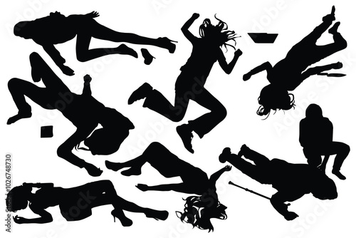 Crime investigations Scene. Drugged person overdose. Dead girl lying vector. Drunk girl unconscious after party. Patient women rescue. Injured lady car crush accident. First aid. Dead body silhouette.