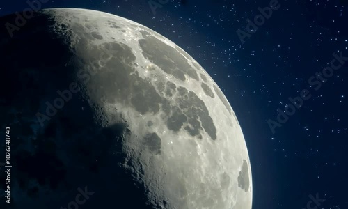 Close-up shot with moonrise details: The camera starts by focusing on the detailed texture of the moon as it rises, then pulls back to show the moon in the broader night sky.