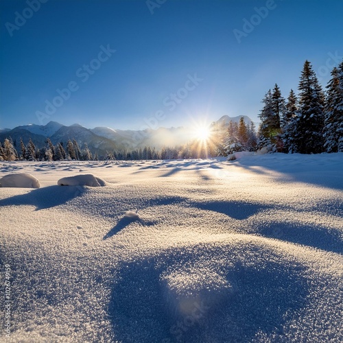 Wallpaper Mural 朝日が差し込む中、一晩で降り積もった新雪が一面に広がる風景。雪の表面に光が反射し、まるでダイヤモンドが散りばめられたかのようにキラキラと輝いている。冷たく清らかな空気が漂う中で、静寂 Torontodigital.ca